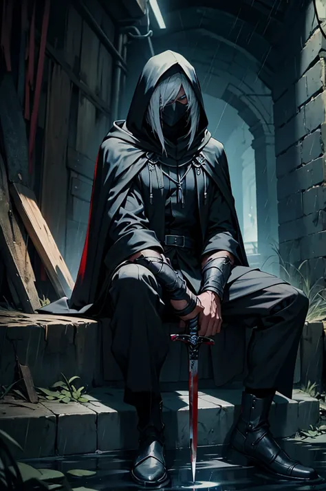 hooded man with black cloak, face shadowed by hood, Sitting with legs crossed, sheathed sword propped against his body, pool of blood next to him, underground dark alley at night with rain