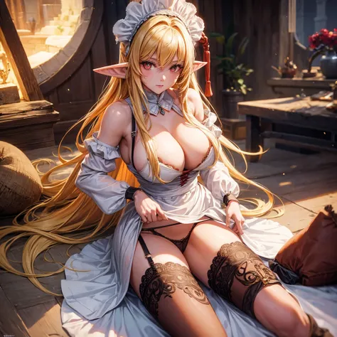 Queen elf woman, wears a maid outfit showing her panties, has long messy shaggy blonde hair, has red-orange eyes, has a big breast.