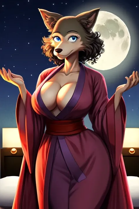 Beastars art style, beastars, Juno, brown wolf, she Wolf, 1girl, furry, long curly brown fur, slim figure, blue eyes, wide hips, Big breasts, kimono, cleavage, night time, hotel room, moon