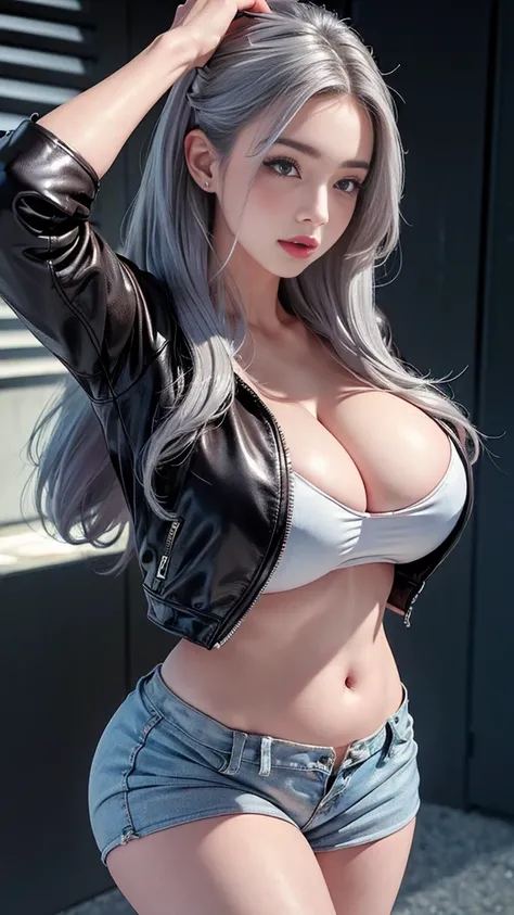 (((masterpiece))), Highest quality, Very detailed, blush, Cute and playful, Huge, leather jacket, Silver Hair, Fluffy Hairstyles, Elastic breasts, Heartwarming Eyes, Sweet expression, belly button, Dynamic and cute pose.Dynamic Pose