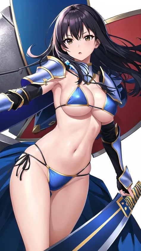 Art inspired by Masamune Shirow,  Armor Girl, Bikini Armor, Bikini Armor, Bikini Armor female knight, Bikini Armor, tits, Knight Girl, tits、Intense movement,topless, White thighs,Vertical belly button、Skin radiance,Black hair