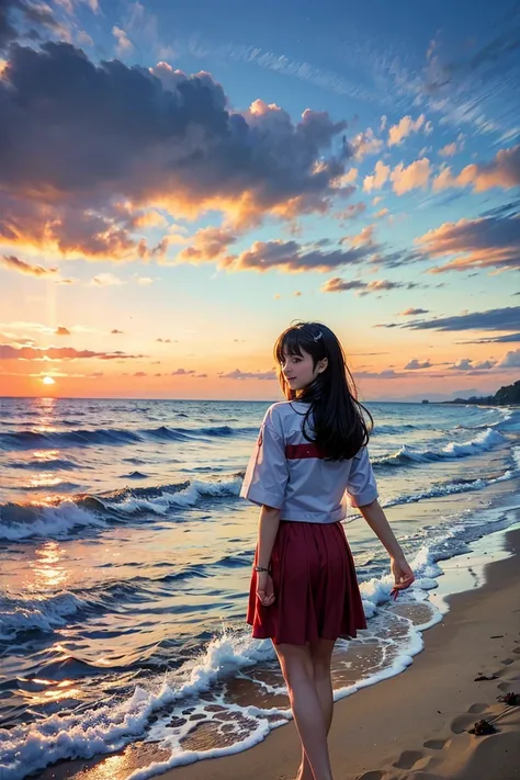 One girl, alone,smile, Beach,(sunset:1.1),  Akagi_Also(denchi project), alone,  Star hair ornament, Twin Blade,Shine, From behind, Recall, huge sunset,Red float, uniform, night, wave hands, Ocean