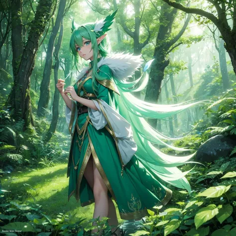 Mystical Forest: An ethereal anime character with elf-like features and green hair, wandering through an enchanted forest filled with glowing plants and magical creatures.