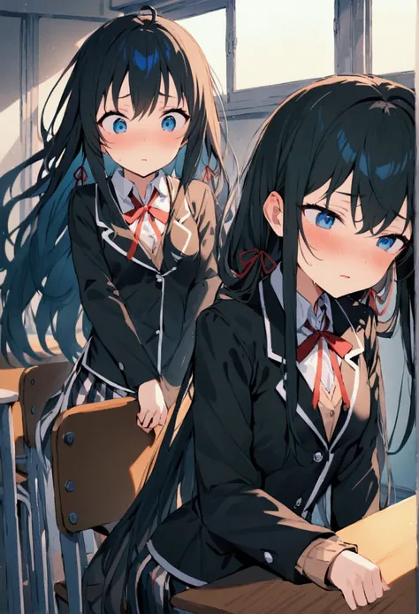 NSFW,masterpiece,Highest quality,High resolution,Super detailed,Yukinoshita Yukino(My Youth Romantic Comedy is Wrong as Expected),Black Hair,Long Hair,Light blue eyes,uniform,Small breasts,Dissatisfied face,School,classroom,machine,Chair,Chairに座っている