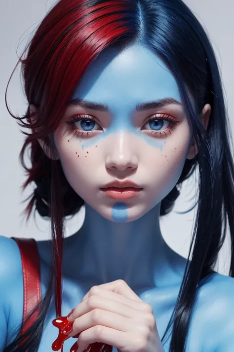 Create a blue avatar, red skinned, 4 fingers, the syrup with red and black hair