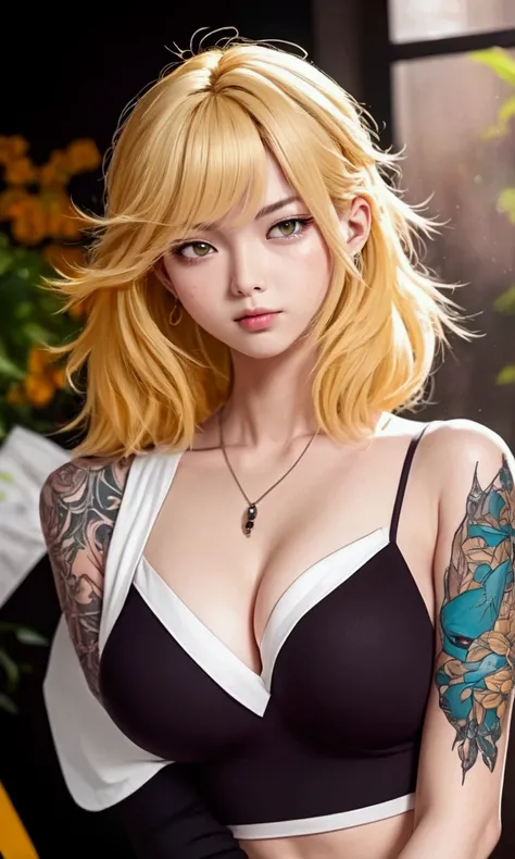 A girl with blue hair and tattoos on her chest， in the style of Kawacys art style， anime-inspired illustrations， colorful cartoon illustration， yellow eyes， light orange and dark cyan， oshare kei， big breast，portrait of an attractive woman with long bob cu...