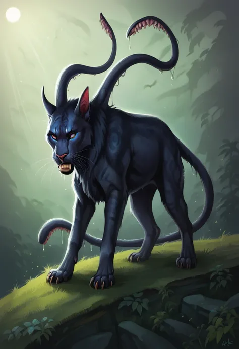 DISPLACER BEAST, FELINE BODY, HORROR, ((6 LEGS)), ((2 tentacles grow from the neck, pointing forward)). realistic,highres,ultra-detailed,wildlife,night scene,moonlit,ominous shadows,dense foliage,quiet ambiance,majestic creature,poised,alert,sharp-pointed ...