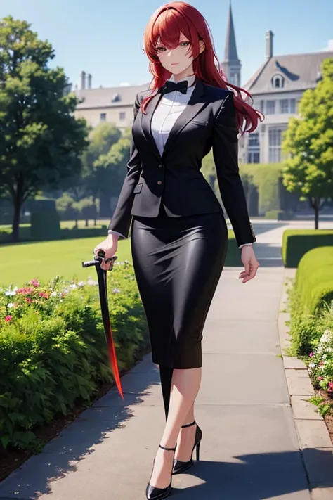 best quality, 1girl, business woman walking through a garden holding a sword, black business suit, black midi pencil skirt, black blazer, heels, looking at viewer, full body, long red hair