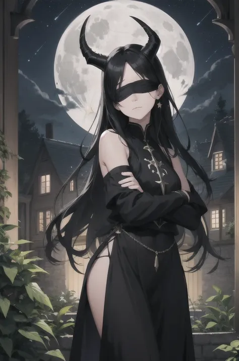 crossed arms, full moon, night, stars, black hair, blindfold, horns, portrait, indoors, building, garden, trees, bare shoulders