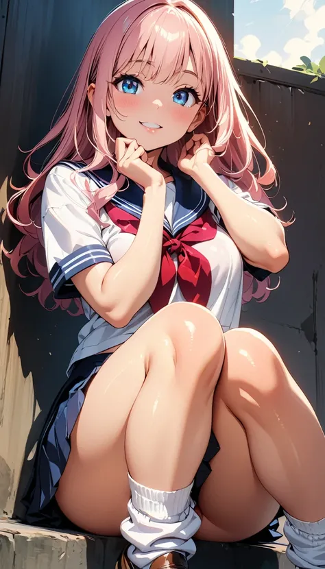 (Highest quality:1.24K, 8K, Studio Anime, Very detailed, up to date, Vibrant, High detail, High Contrast, masterpiece:1.2, Highest quality, Best aesthetics), (((1 Girl))), Sit and pose, ＪＫ, Sailor suit, Pleated skirt, loose socks, loafers, Open your mouth ...