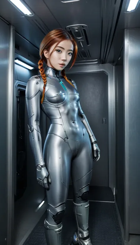 1 girl、medium bust、solo、red hair、braid、mobile race suit、shoulder armor、ceiling、wide shot、looking ahead、zipup suit 、closed mouth、...