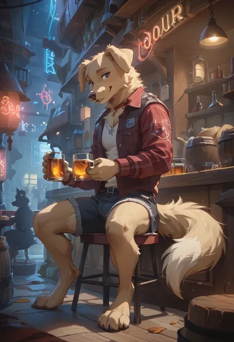 （furry、sitting with dog friend）retriever、beige fur、fluffy tail、seems kind、dark tavern、neon light、whiskey rock、counter