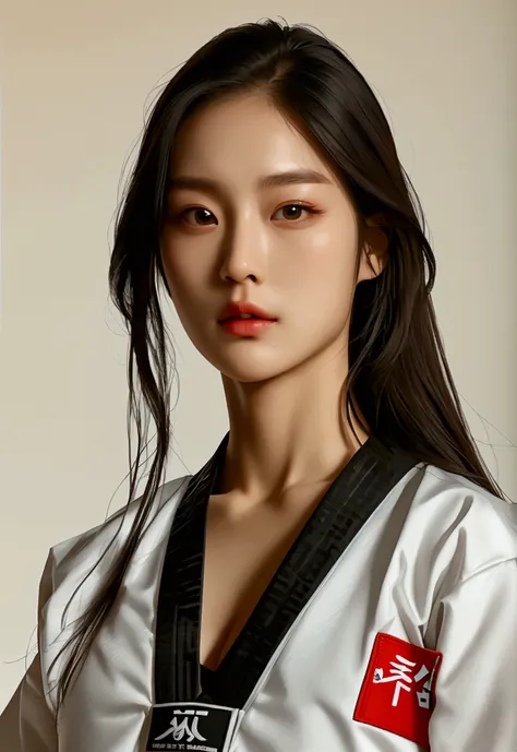 masterpiece, ultra details, best quality, 1 sexy korean taekwondo girl, masterpiece, ultra details, best quality, black long straight hair, wearing white World Taekwondo Federation dobok uniform with black v-neck, wearing taekwondo blackbelt, wearing white...