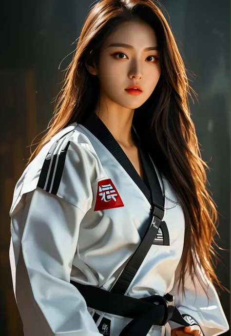 masterpiece, ultra details, best quality, 1 sexy korean taekwondo girl, masterpiece, ultra details, best quality, black long straight hair, wearing white World Taekwondo Federation dobok uniform with black v-neck, wearing taekwondo blackbelt, wearing white...