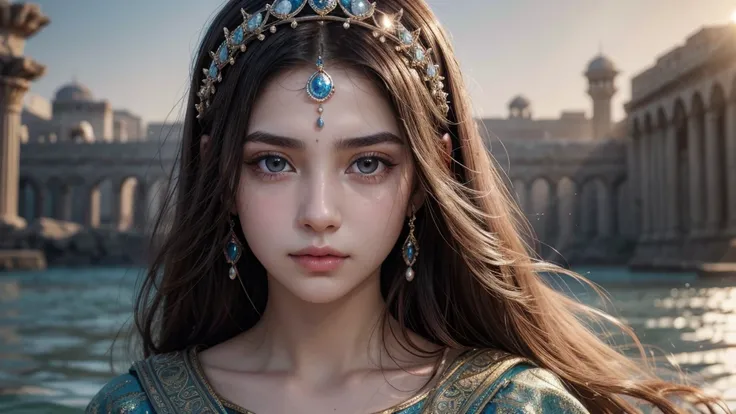 Create the image of the face of a princess of ancient Persia, with a thoughtful facial expression, with watery eyes. Focus only on the face.  
I want a high-definition, 8k image with no defects or blurs. 
