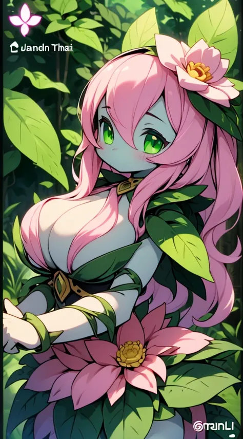 plant girl，pink hair，blade，blade decoration，plant girl，plant girl，green skin，dark skin，green skin，sunbathing，forest background，j...