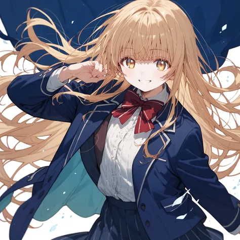 smile,alone,
mahirushiina,one girl,blonde,long hair,
blue blazer,red bow tie,