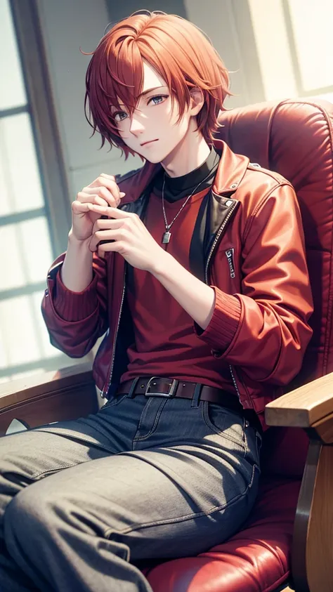 A red-haired young man，sit on the chair，The parts of the model in hand，Look relaxed，And focused，There is indeed a feeling of boredom