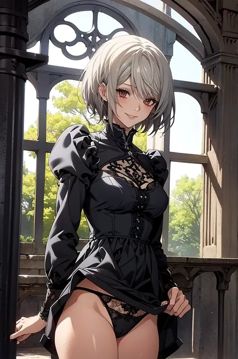 (Highest quality, High resolution, Very detailed), Silver Hair, Super short hair, Reddish brown eyes, gothic lolita, lace thong, Large Breasts, 24th generation, Beautiful woman, mature, quiet, Calm, A small smile, park,