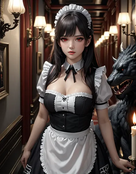 high quality, detailed, Realistic,(25 years old beautiful maid), (detailed dark red eyes), (black long hair),large beasts,(shiny skin),dark night palace corridor, candle,best quality,4k,8k,highres,masterpiece:1.2),ultra-detailed,(realistic,photorealistic,p...