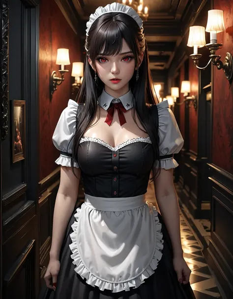 high quality, detailed, Realistic,(25 years old beautiful maid), (detailed dark red eyes), (black long hair),large beasts,(shiny skin),dark night palace corridor, candle,best quality,4k,8k,highres,masterpiece:1.2),ultra-detailed,(realistic,photorealistic,p...