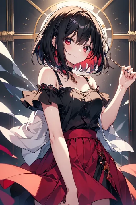 (masterpiece, highest quality, highest quality, (No text), Beautiful and aesthetic:1.2),No text,アニメ、BREAK,One Girl，Black Hair Girl　short hair　older sister　choker　Beautiful eyes　Red eyes　cool　smile　Red and Black　mini skirt　whole body　In town