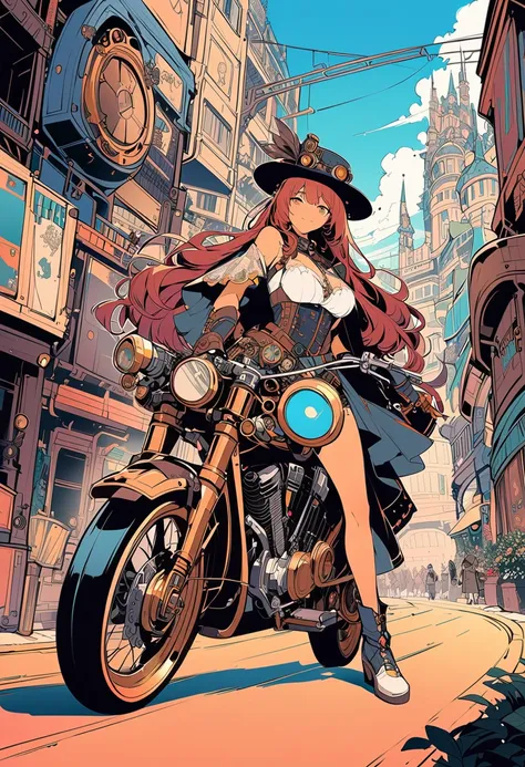 (Line art_anime,colorful),(Highest quality, ),(Laura Budd Photos:1.2),(Laura Add details:1.0),8K, Flat Color:0.8,Dynamic Angle,1 Girl,smile、(Steampunk Bike Ride 1.5)、Exquisitely decorated motorcycle、(Highly decorative and complex mechanical steampunk fashi...