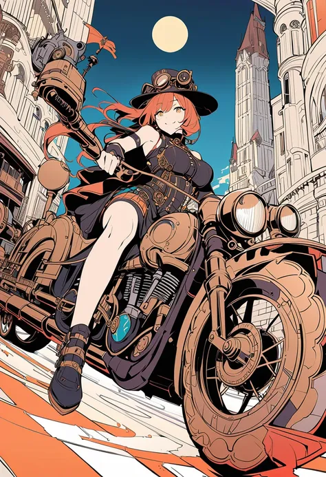 (Line art_anime,colorful),(Highest quality, ),(Laura Budd Photos:1.2),(Laura Add details:1.0),8K, Flat Color:0.8,Dynamic Angle,1 Girl,smile、(Steampunk Bike Ride 1.5)、Exquisitely decorated motorcycle、(Highly decorative and complex mechanical steampunk fashi...