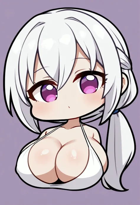 1girl, long white hair, pony tail, violet eyes, , big breasts, simple white dress with deep  decolletage, chibi style
