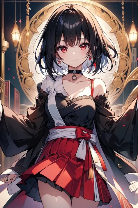 (masterpiece, highest quality, highest quality, (No text), Beautiful and aesthetic:1.2),No text,アニメ、BREAK,One Girl，Black Hair Girl　short hair　older sister　choker　Beautiful eyes　Red eyes　cool　smile　Red and Black　one piece　mini skirt　whole body　In town