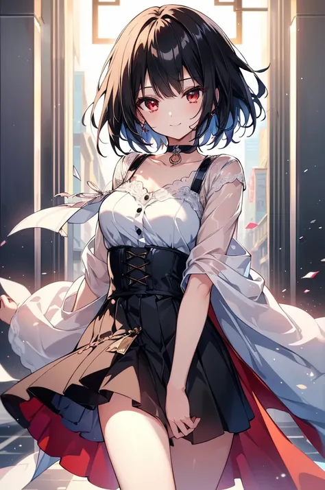 (masterpiece, highest quality, highest quality, (No text), Beautiful and aesthetic:1.2),No text,アニメ、BREAK,One Girl，Black Hair Girl　short hair　older sister　choker　Beautiful eyes　Red eyes　cool　smile　Red and Black　one piece　mini skirt　whole body　In town