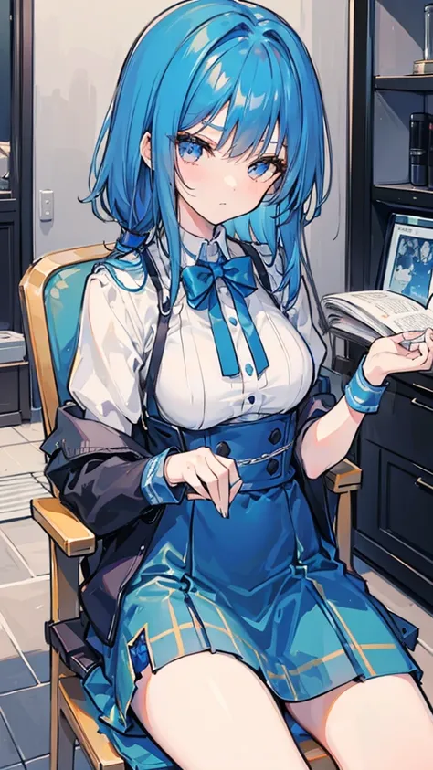 A girl with blue hair，sit on the chair，The hand is holding the model parts，Look relaxed，And focused，There is indeed a feeling of boredom，Polishing the parts