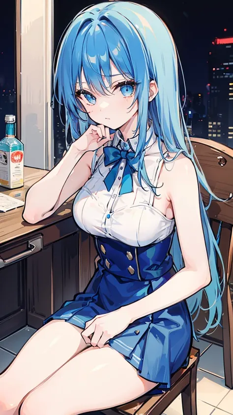 A girl with blue hair，sit on the chair，The hand is holding the model parts，Look relaxed，And focused，There is indeed a feeling of boredom，Polishing the parts