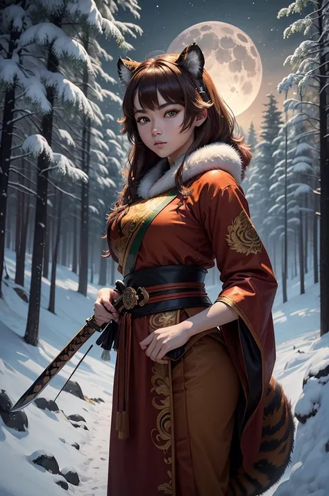 (Masterpiece artwork, 4k resolution, very detailled, ArtCalmV2, best qualityer), (tiger girl theme, Charismatic, there is a tiger girl in a snowy forest, wearing red traditional Chinese clothes and carrying a katana on his hip, She is the head of a clan), ...