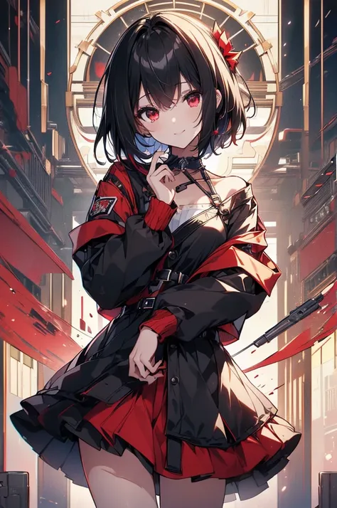 (masterpiece, highest quality, highest quality, (No text), Beautiful and aesthetic:1.2),No text,アニメ、BREAK,One Girl，Black Hair Girl　short hair　older sister　choker　Beautiful eyes　Red eyes　cool　smile　Red and Black　Black jacket　mini skirt　whole body　In town