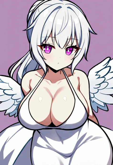 1girl, long white hair, pony tail, violet eyes, , big breasts, simple white dress with deep  decolletage, (((chibi style))),angel wing on back
