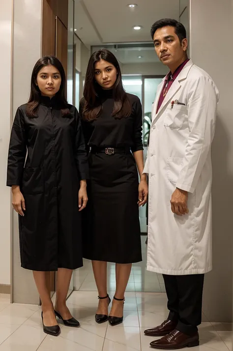 Satu laki-laki dua wanita, men standing behind two women standing in front, one woman is wearing a doctor&#39;s uniform, woman in two free clothes