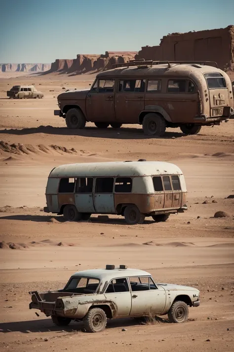 Post apocalyptic desert world with abandoned 50s style wagons