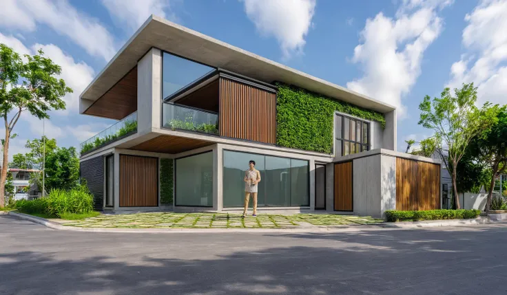 ngoại thất townhouse, modern, townhouse, Cổng nhà modern, simplify, The house is located in Hanoi urban area, Vietnam, Gray concrete and wood walls, wooden ceiling, large glasses, phong cách modern simplify, Green shrubs and tropical plants background, lar...