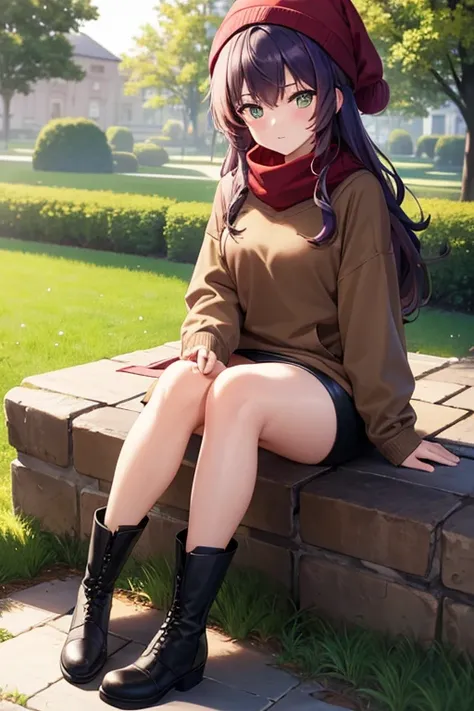 best quality, 1girl, beautiful woman looking at viewer blushing, brown hoodie, black midi pencil skirt, black beanie, leather boots, red scarf, full body, medium purple hair, wavy hair, garden, fall, tree, leaves