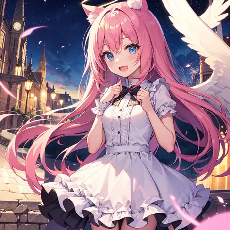 cat ears tail,long hair,pInk hair,angel shota,angel,halo,frilly angel uniform,Say good night and open mouth smile,
hyper detail and hyper precise illumination,anime style outline,crossdressing boy,