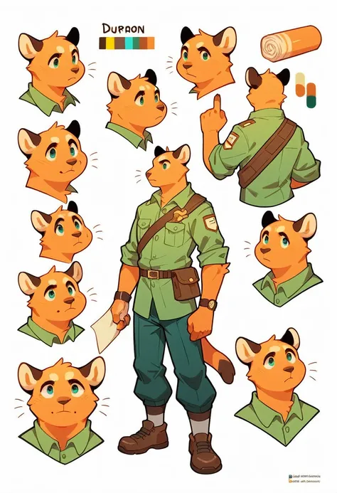 A highly detailed, best quality, RPG style, conceptual art, character sheet, perfect anatomy, anthro furry, explorer, paper roll, parchment, redpanda