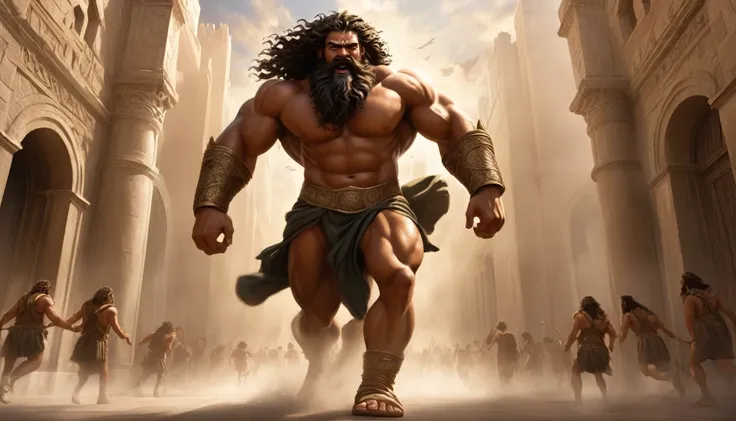 create an image of a character called Samson carrying on his back the great entrance doors of a city in biblical times