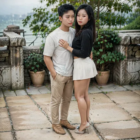 (best quality, masterpiece), (full body view), (a couple), (Burmese girl and a boy black hair), (pretty lady MoonLay), (shirt and mini skirt and high heel), (asian man), (1man), (shirt and trouser), romantic pose, tight, particle, wind, flower, upper body,...