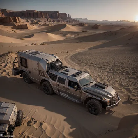 3/4 side view, detailed desert cybertruck, pure metallic silver paint, vast and simple desert, sunset, intricate mechanical details, futuristic technology, gritty sand and weathered metal, cinematic lighting, dramatic shadows, neon city in the distance, vi...