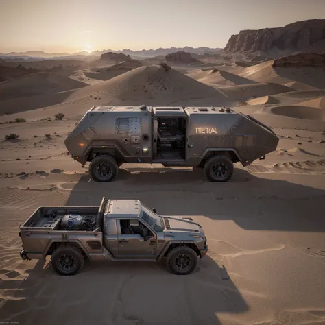 3/4 side view, detailed desert cybertruck, pure metallic silver paint, vast and simple desert, sunset, intricate mechanical details, futuristic technology, gritty sand and weathered metal, cinematic lighting, dramatic shadows, neon city in the distance, vi...