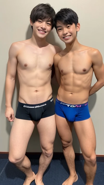 Japan males 2、Both are 14-year-old boys.、Well-developed muscles and smooth skin、Very short black hair、Friendly and relaxed smile、Laughing with your mouth open、Colorful small boxer briefs、The whole body is well visible