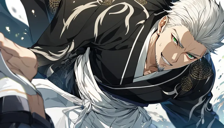 1 boy, male focus, Intricate details, 1 man, handsome, white hair, vibrant green eyes, slim muscles, anime, 19 years old, 19 years old, a small goatee, shinigami kimono, shinigami, bleach style, bleach, tank top, kimono , bleach, bleach style (black kimono...