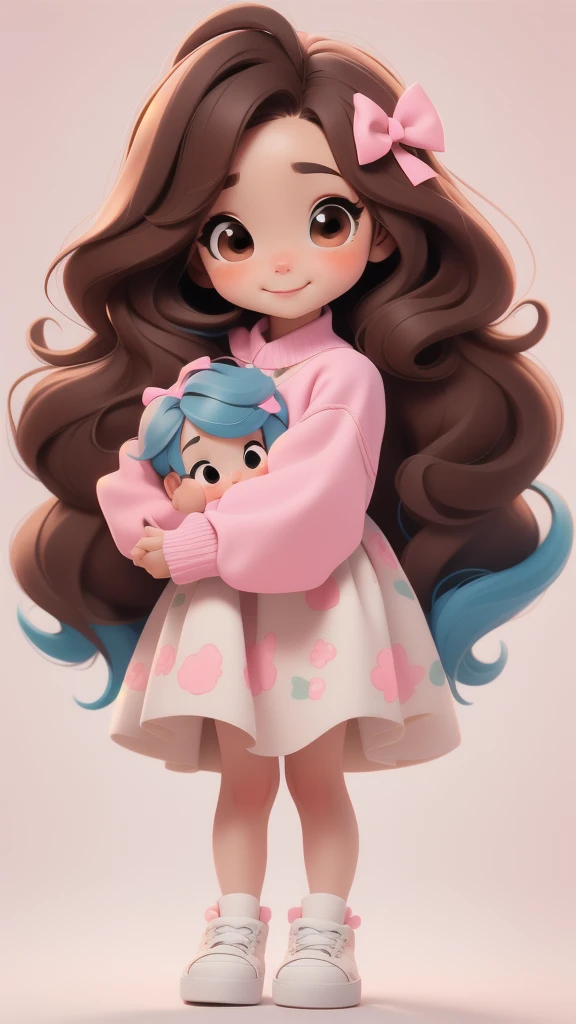 chibi baby 8k, highly detailed, beautiful girl, baby, chibi, , cover art, blue hair bow, brown long hair pink sleeve dress, whit...