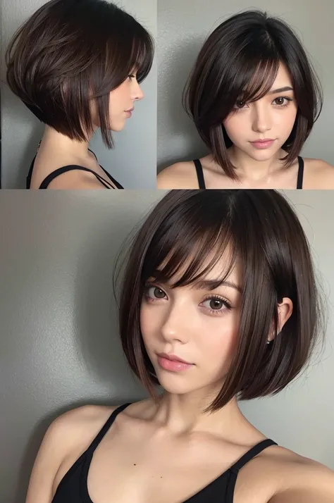 Dark brown short bob,slouch,room